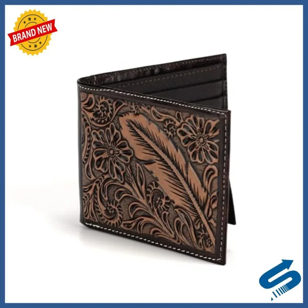 Genuine Leather Bifold Wallet with Feather Embossed Design